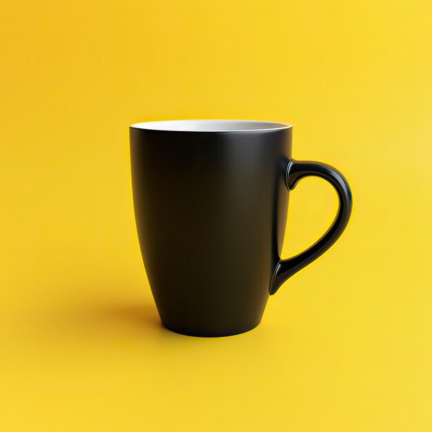 una taza de café negra con un mango que dice no en ella