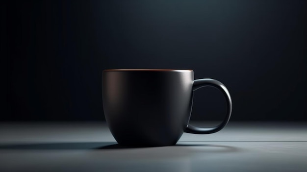Una taza de café negra que vuela en una pantalla de producto 3D con fondo degradado e interior vacío