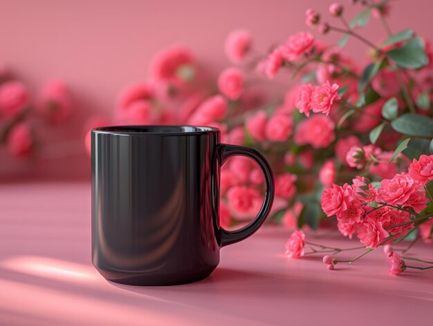 Taza de café negra rodeada de flores con espacio personalizable para la maqueta