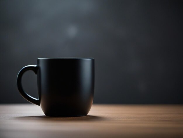 una taza de café negra se sienta en una mesa de madera