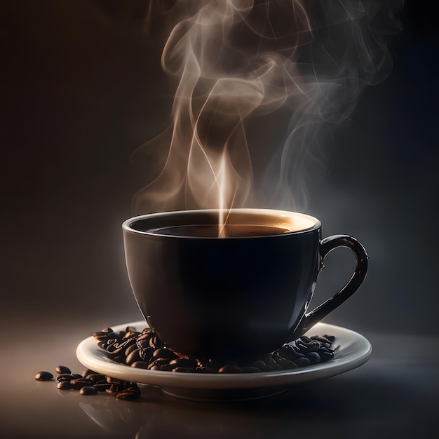 taza de café negro caliente y el vapor sale de él aislado en fondo negro