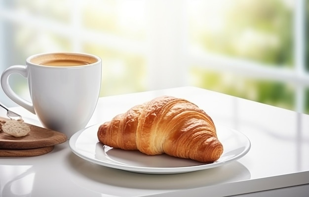 una taza de café negro y un croissant en un plato blanco