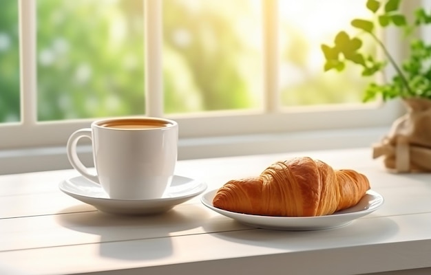 una taza de café negro y un croissant en un plato blanco