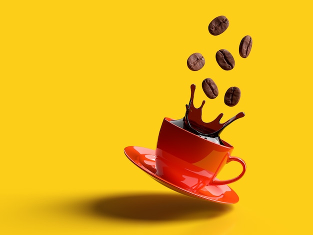 Foto taza de café negro y granos de café sobre fondo rojo.