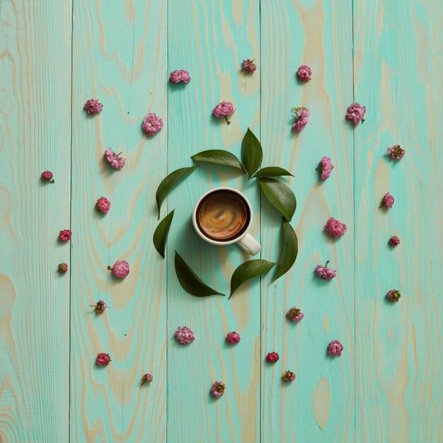 Taza de café negro en un marco redondo con hojas y flores, endecha plana