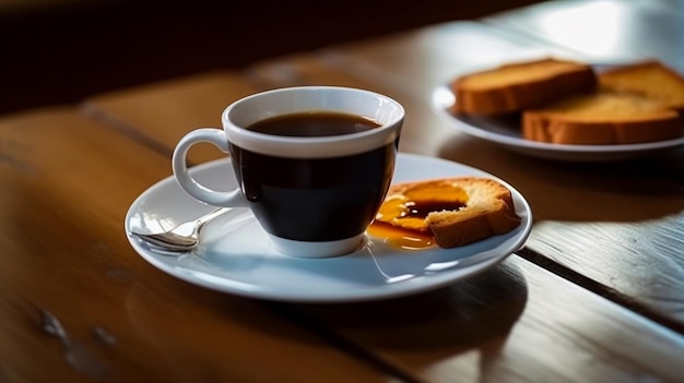 Una taza de café negro con rebanadas de pan frito en un plato redondo blanco