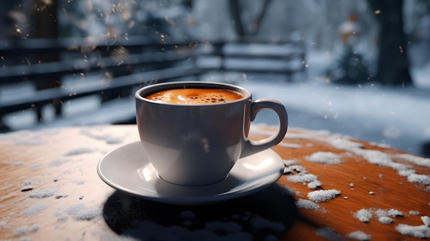 una taza de café en la nieve blanca