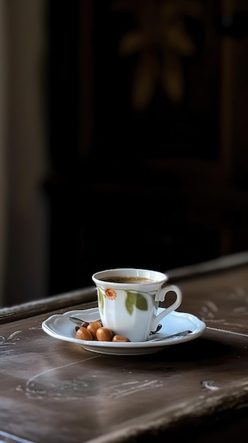 Una taza de café con nueces sobre una mesa