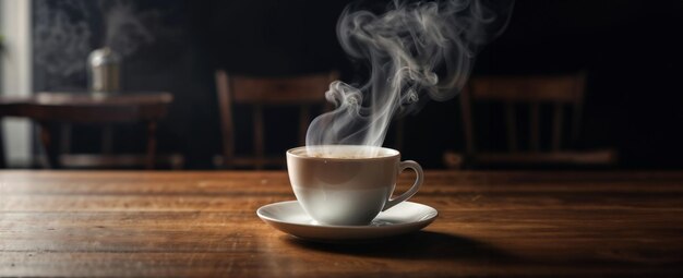 taza de café o té al vapor en una mesa vintage