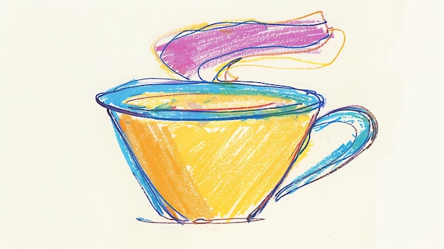 Foto una taza de café o té de colores brillantes la taza es amarilla con un mango azul el vapor que sale de la taza es púrpura y amarillo
