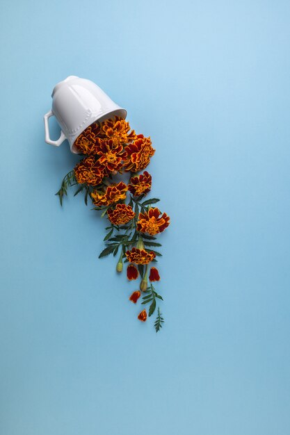 Taza de café o té con flores de caléndula en azul