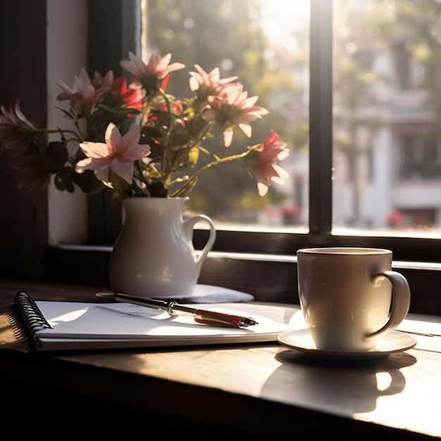 taza de café o té con un jarrón y una ventana