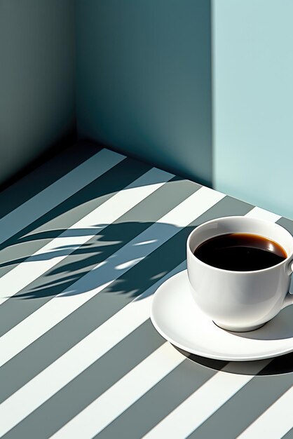 Taza de café o té negro en una mesa de rayas grises negras con sombras de la luz del sol