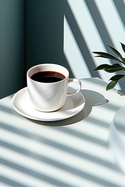 Taza de café o té negro en una mesa de rayas grises negras con sombras de la luz del sol