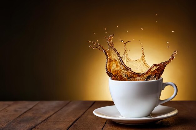 taza de café o té con salpicaduras en la mesa de madera