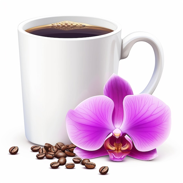 una taza de café con una orquídea púrpura en el lado