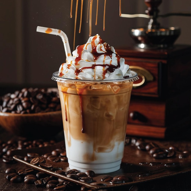 Foto una taza de café con una pajita que dice café helado