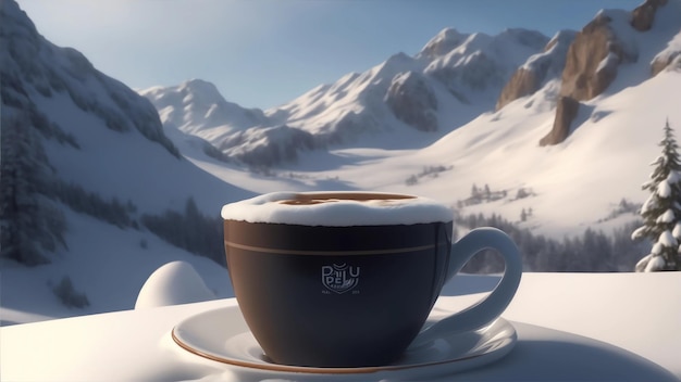 Una taza de café con la palabra billy en la vista de nieve