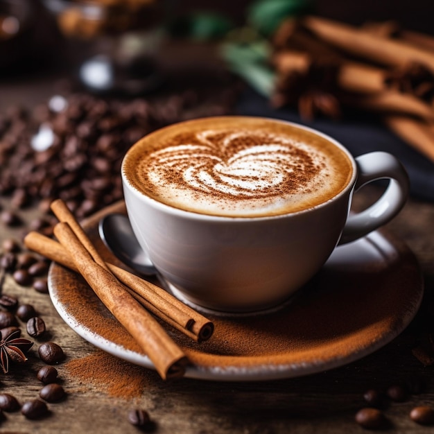 Una taza de café con palitos de canela en el borde