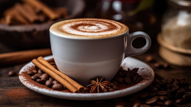 Una taza de café con palitos de canela en un plato