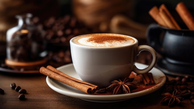 Una taza de café con palitos de canela en un plato