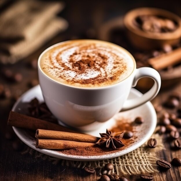 Una taza de café con palitos de canela en un plato.