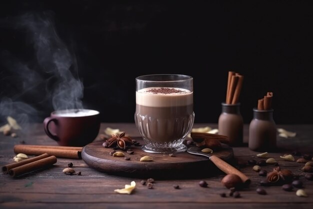 Una taza de café con palitos de canela y una taza de café sobre una mesa de madera