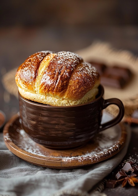 una taza de café con un pan en ella