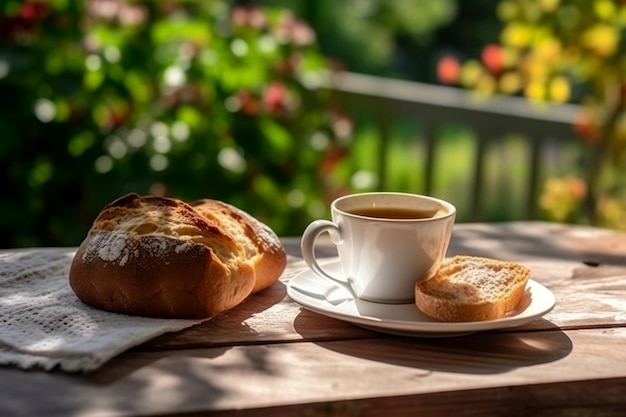 Una taza de café con pan en un jardín sereno con IA generativa