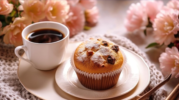 Una taza de café y un panecillo en un plato