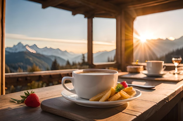 Una taza de café y papas fritas están en una mesa frente a una vista a la montaña.