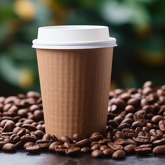 Foto taza de café de papel para llevar con funda de cartón en una pila de granos de café espacio para texto