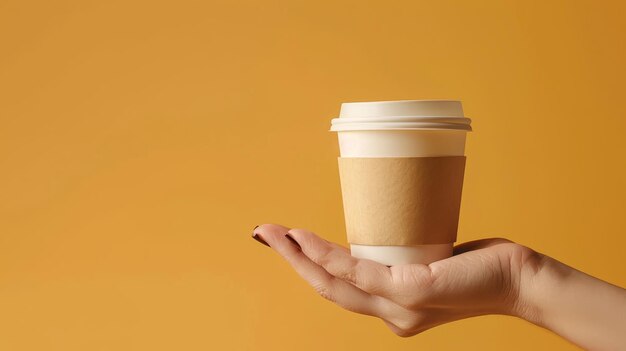 Taza de café de papel para llevar en la mano.