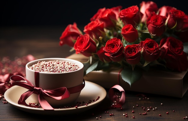 una taza de café con papel pintado de acusación de rosa roja