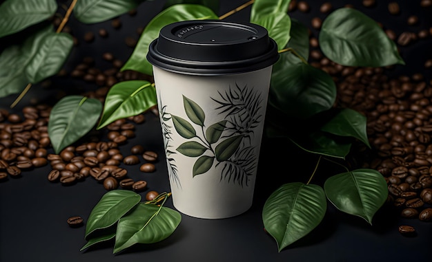 Taza de café de papel sobre un fondo oscuro con granos de café y hojas verdes