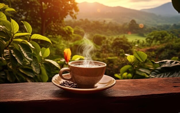 Taza de café en la parte superior con vista al hermoso paisaje tropical o escena de la plantación