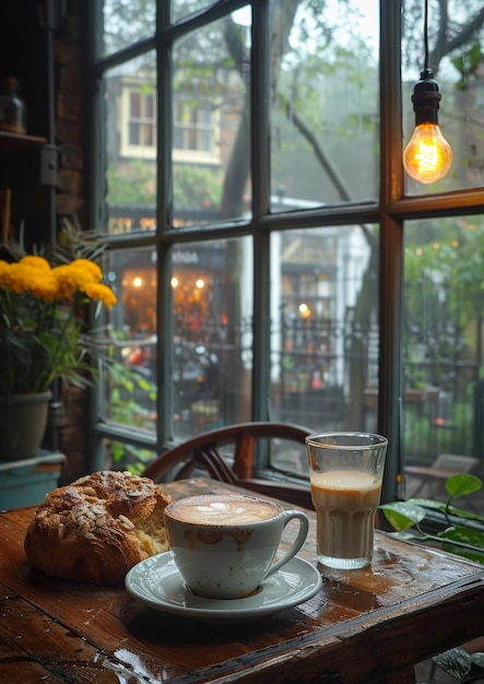 Taza de café y pastel en una mesa de madera en una cafetería