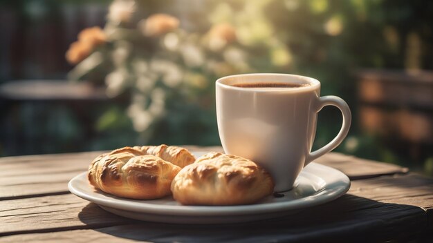 Una taza de café con pastel en una mesa de madera en el jardín de verano desayuno acogedor al aire libre