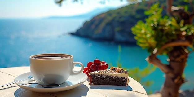 una taza de café y un pastel en una mesa