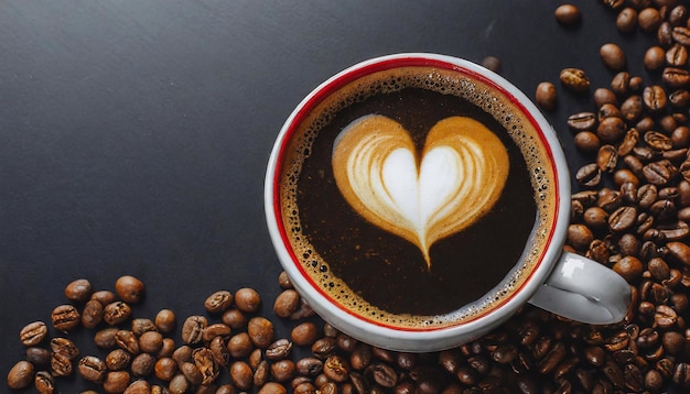 una taza de café con un patrón de corazón en un fondo negro con granos de café