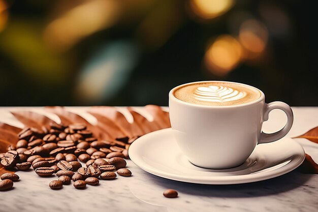 Una taza de café con el patrón de la hoja de arte Latte