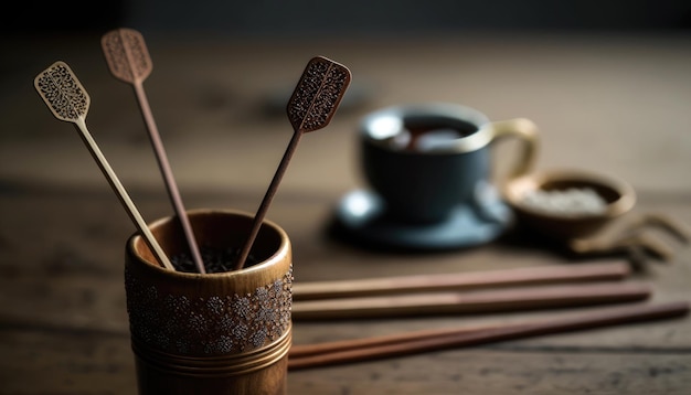 Una taza de café y una pequeña taza de café sobre una mesa