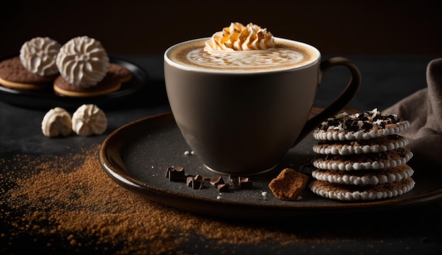 Una taza de café con una pila de galletas a un lado.