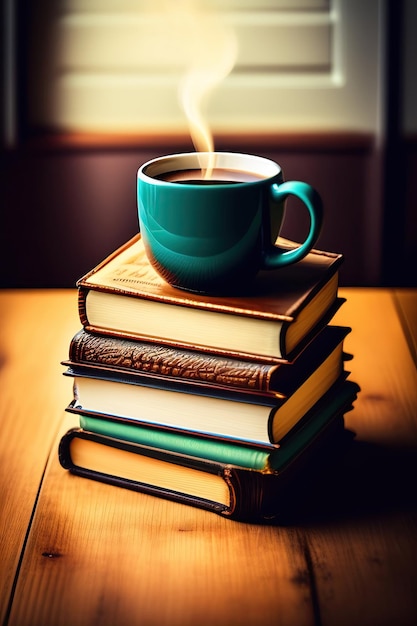 Taza de café y pila de libros antiguos