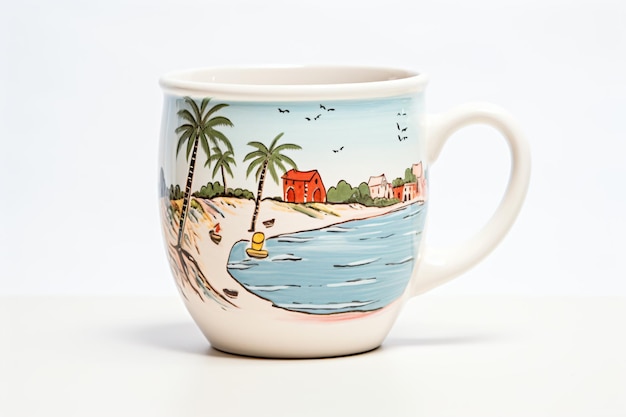 Foto una taza de café con una pintura de una escena de playa