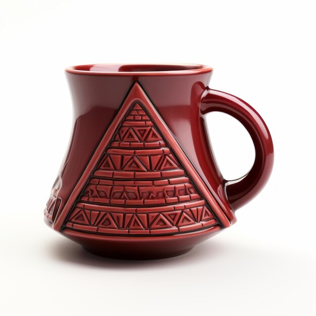 Taza de café piramidal marrón rojo oscuro alto detalle estilo escuela de Quito