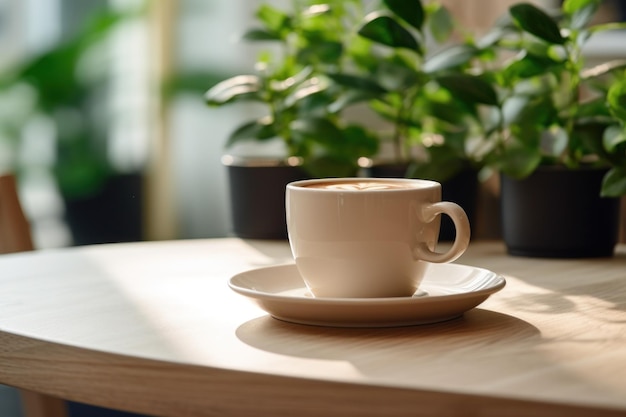 Una taza de café y una planta adornan una mesa en el interior de un acogedor estudio de cafetería