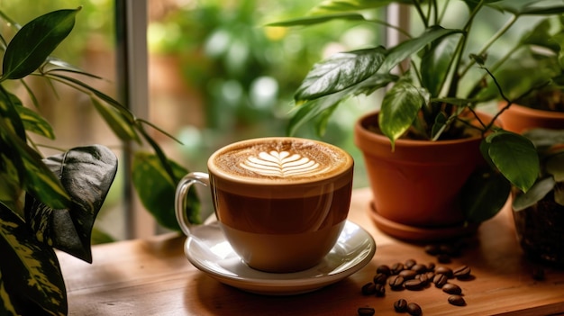 Una taza de café con una planta al fondo.