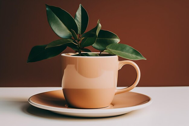 Una taza de café con una planta detrás