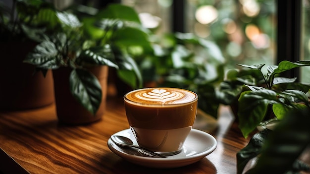 Una taza de café con una planta detrás